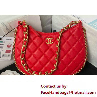 Chanel Shiny Crumpled Lambskin & Gold-Tone Metal Hobo Handbag AS4378 Red 2023